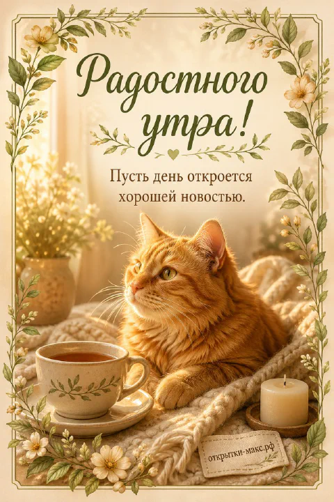 Рыжий кот лежит на вязаном бежевом пледе рядом с чашкой чая и зажжённой свечой в цветочной рамке