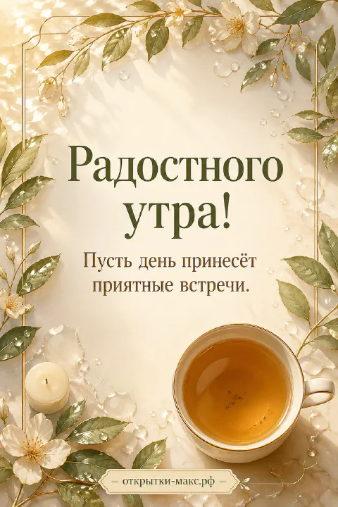 Белая свеча и чашка чая в обрамлении цветов жасмина и зелёных листьев, надпись «Радостного утра!»