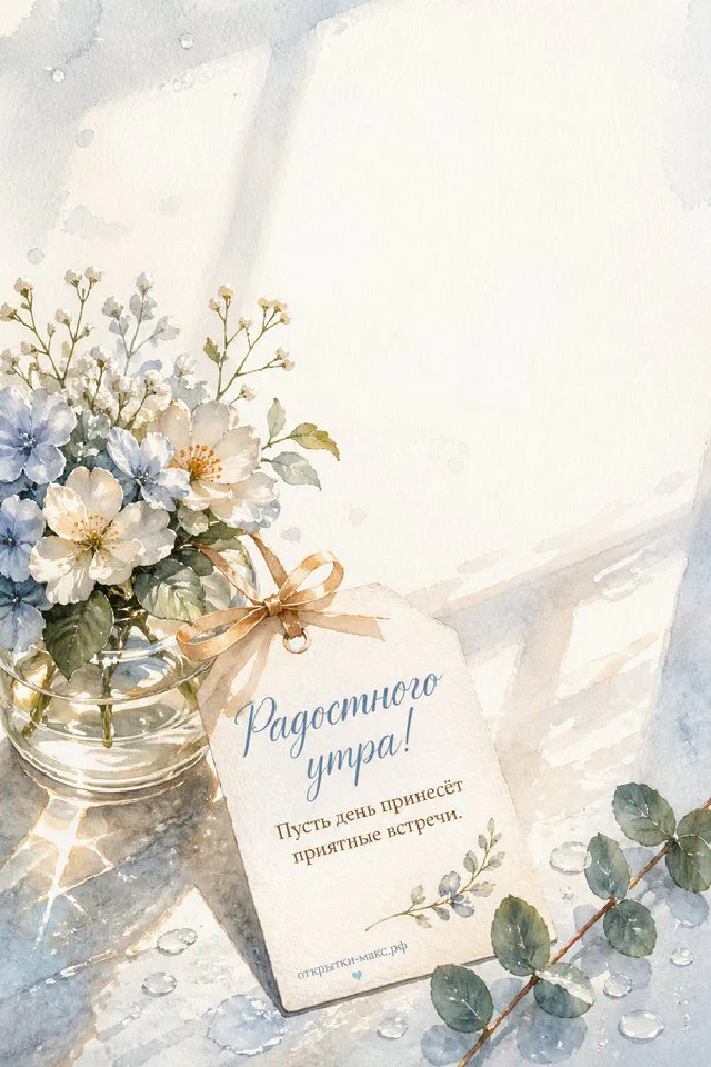 Белая свеча и чашка чая в обрамлении цветов жасмина и зелёных листьев, надпись «Радостного утра!» — вариант 3