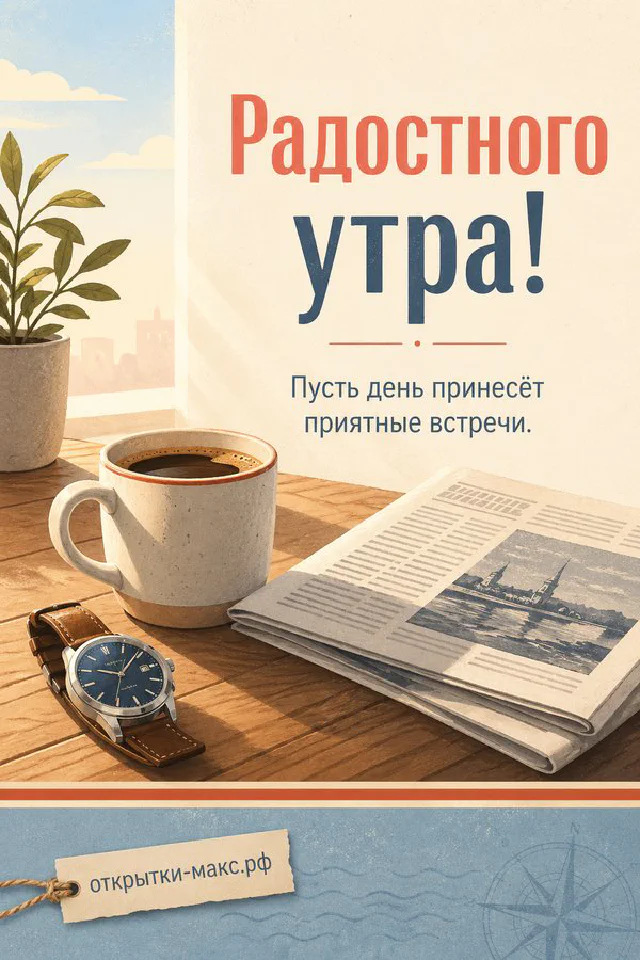 Белая свеча и чашка чая в обрамлении цветов жасмина и зелёных листьев, надпись «Радостного утра!» — вариант 5