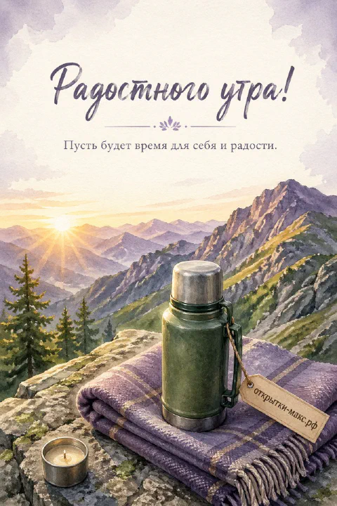 Зелёный походный термос на сложенном пледе и свеча на скале на фоне рассвета над горным хребтом