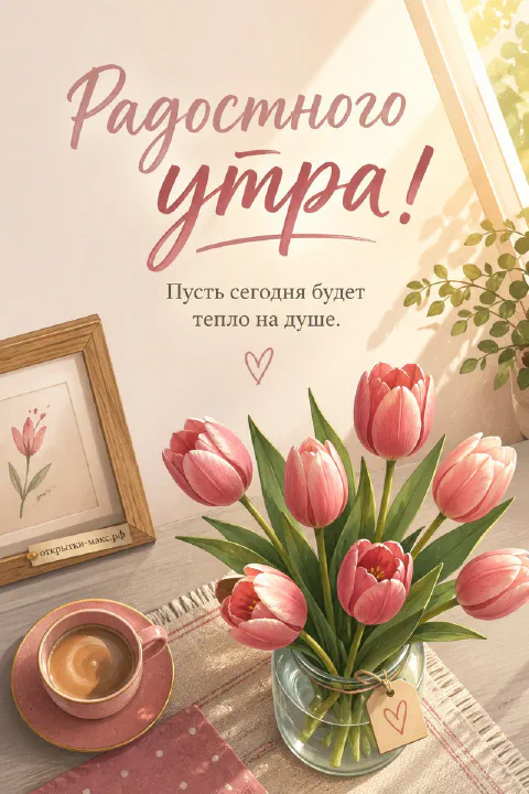 Букет розовых тюльпанов в стеклянной вазе, чашка кофе на блюдце и картина в рамке — открытка Радостного утра