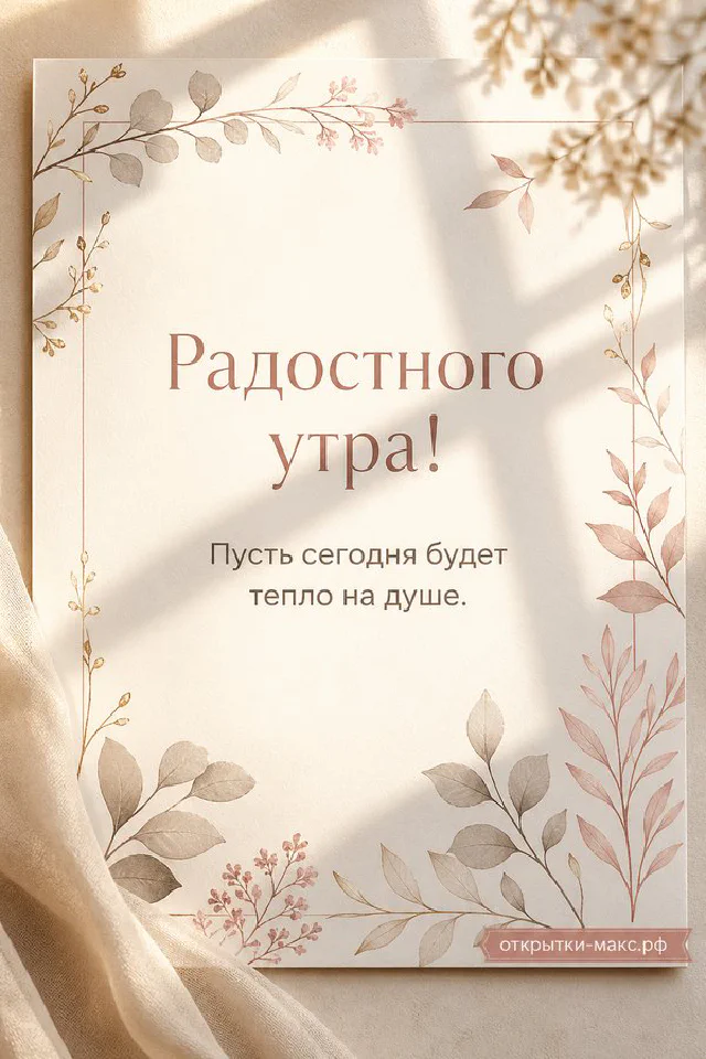 Букет розовых тюльпанов в стеклянной вазе, чашка кофе на блюдце и картина в рамке — открытка Радостного утра — вариант 7