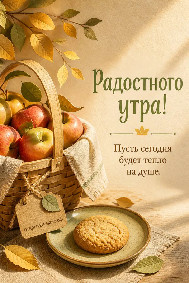 Букет розовых тюльпанов в стеклянной вазе, чашка кофе на блюдце и картина в рамке — открытка Радостного утра — вариант 4