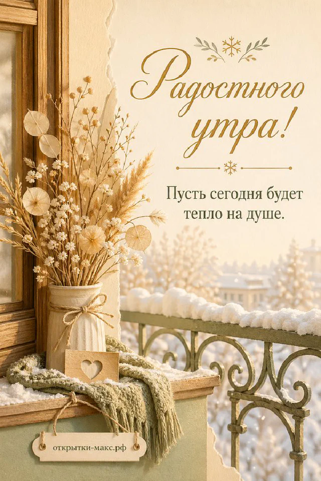 Букет розовых тюльпанов в стеклянной вазе, чашка кофе на блюдце и картина в рамке — открытка Радостного утра — вариант 5