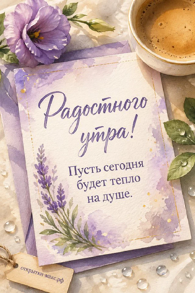 Букет розовых тюльпанов в стеклянной вазе, чашка кофе на блюдце и картина в рамке — открытка Радостного утра — вариант 6