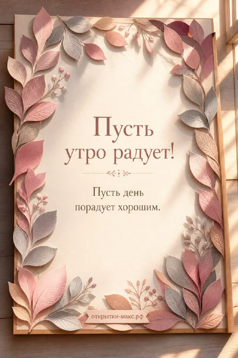 Рамка из розовых и серых листьев на светлом фоне, надпись «Пусть утро радует»