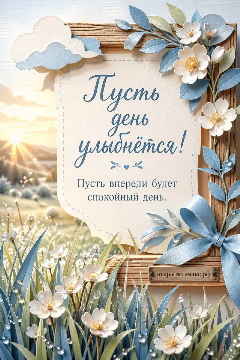 Деревянная рамка с голубыми цветами и луговым рассветом, надпись «Пусть день улыбнётся»