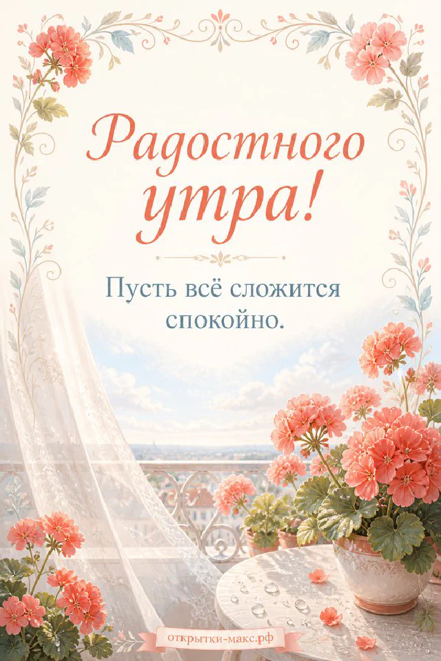 Букет ромашек, чашка чая с голубыми незабудками и магнитные сердечки на белом холодильнике с надписью «Радостного утра» — вариант 3