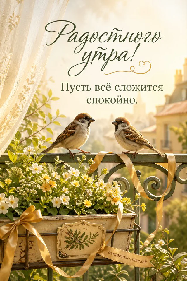 Букет ромашек, чашка чая с голубыми незабудками и магнитные сердечки на белом холодильнике с надписью «Радостного утра» — вариант 4