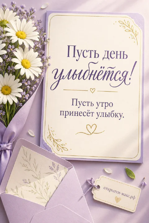 Букет белых ромашек с лавандой и конверт на лиловом фоне с карточкой-открыткой
