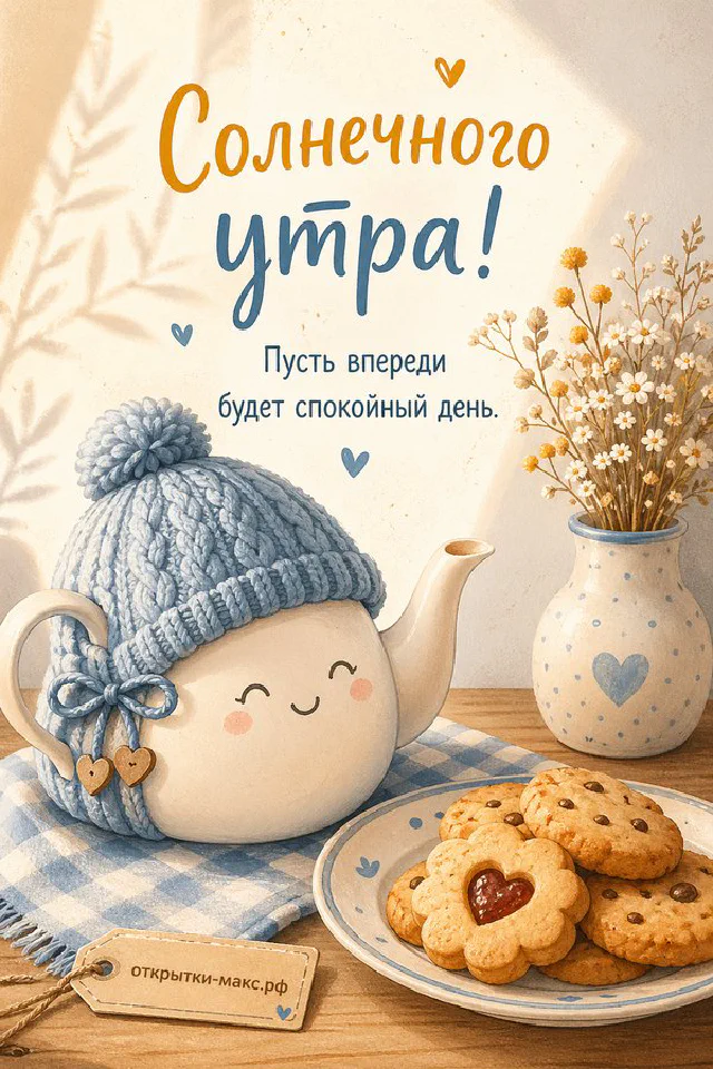 Букет ромашек и сиреневых цветов в вазе с лиловой лентой, пустая бумажная карточка и надпись «Солнечного утра» — вариант 2