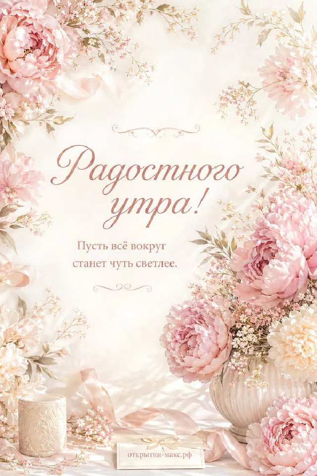Розовая бумажная карточка с цветочной аппликацией, стаканчик кофе на вынос и розовая роза с надписью «Радостного утра» — вариант 4
