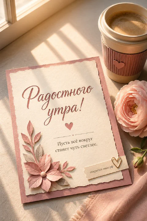 Розовая бумажная карточка с цветочной аппликацией, стаканчик кофе на вынос и розовая роза с надписью «Радостного утра»