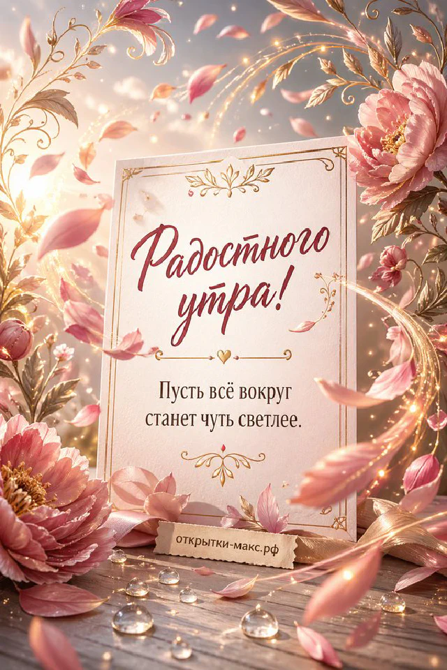 Розовая бумажная карточка с цветочной аппликацией, стаканчик кофе на вынос и розовая роза с надписью «Радостного утра» — вариант 2