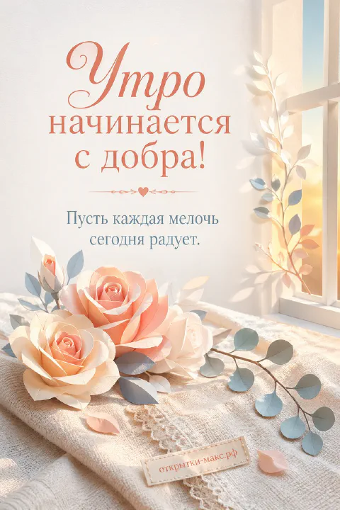 Бумажные персиковые розы и веточки с листьями на светлом подоконнике у окна с рассветом