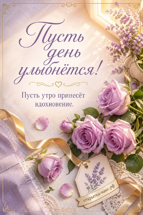 Пышные розовые розы с атласной лентой на пастельном фоне, надпись «Пусть день улыбнётся»