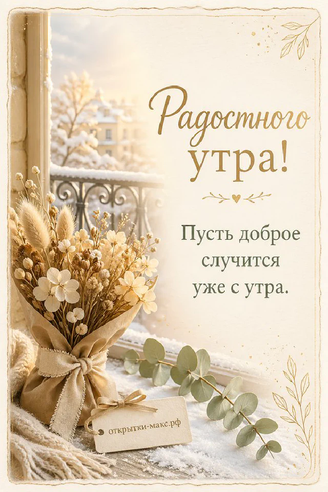 Рыжий кот лежит на клетчатом пледе рядом с чашкой чая и конвертом, голубые цветы и зимнее окно — вариант 3