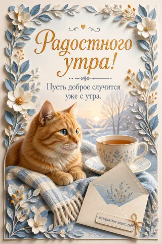 Рыжий кот лежит на клетчатом пледе рядом с чашкой чая и конвертом, голубые цветы и зимнее окно