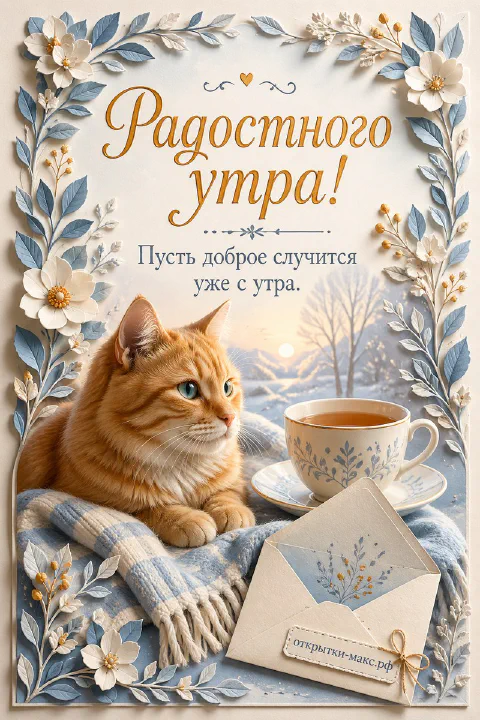 Рыжий кот лежит на клетчатом пледе рядом с чашкой чая и конвертом, голубые цветы и зимнее окно