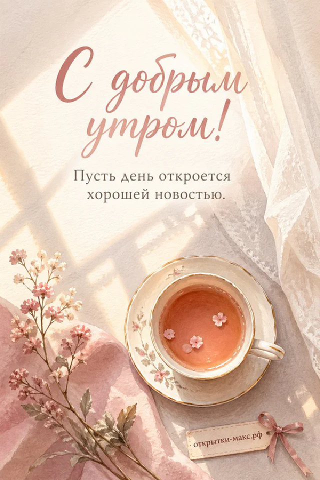 Букет полевых цветов и чашка кофе на столе у окна, надпись «С добрым утром», акварель — вариант 5