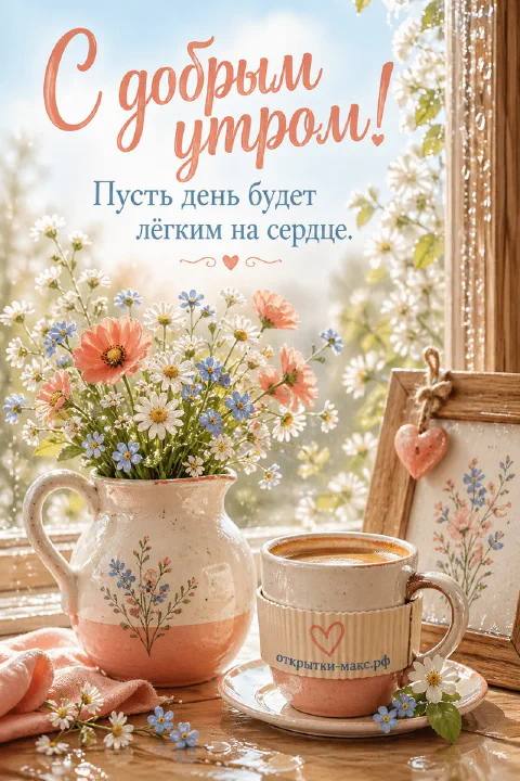 Кремовый кувшин с букетом полевых цветов и чашка кофе на подоконнике на фоне солнечного окна и рамки с сердечком