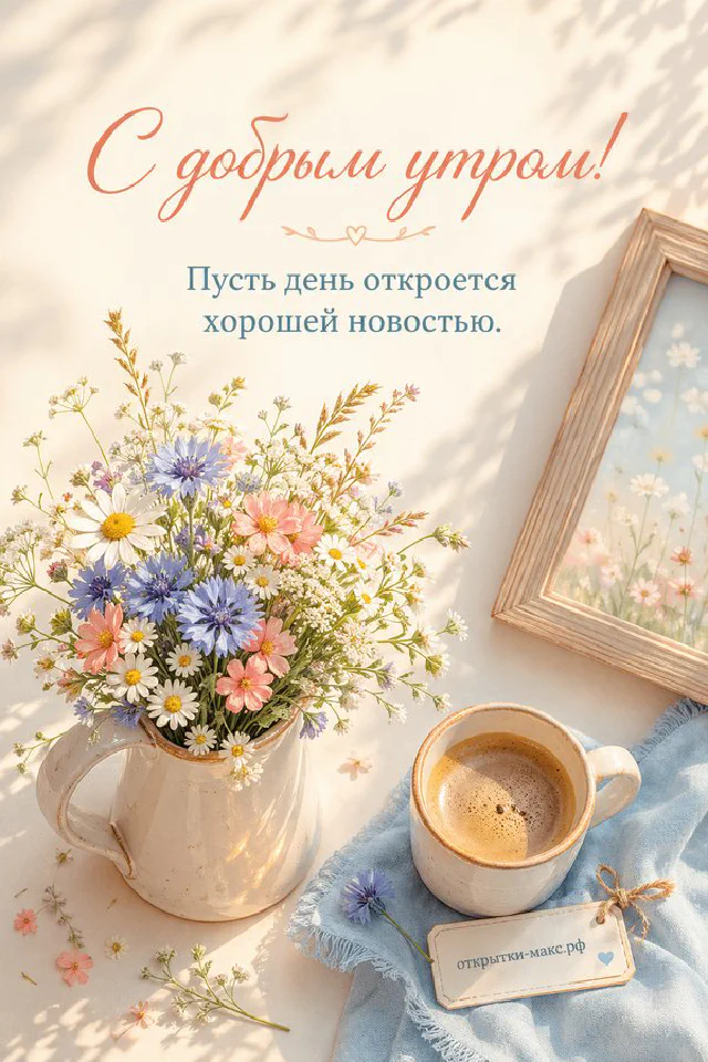 Букет полевых цветов и чашка кофе на столе у окна, надпись «С добрым утром», акварель — вариант 4