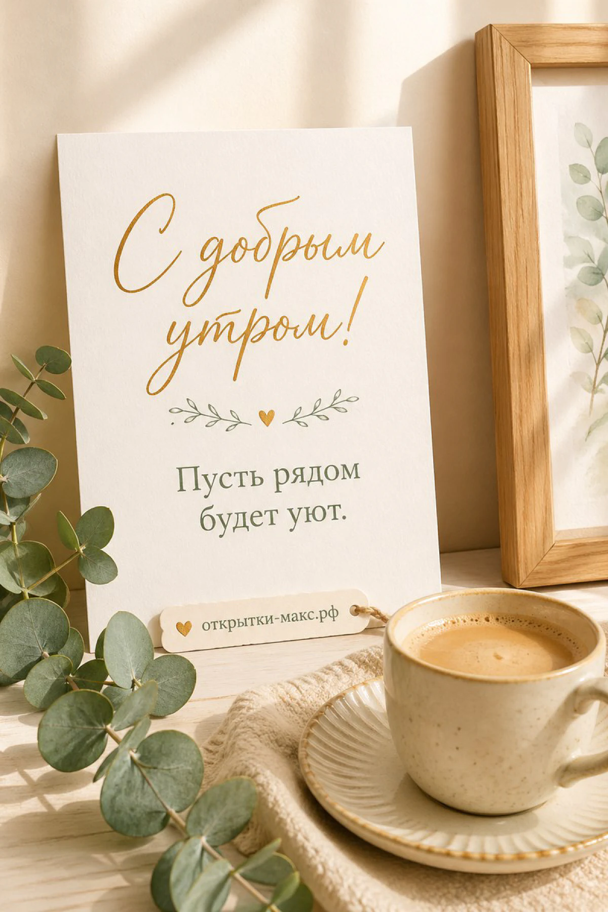 Открытка с надписью «С добрым утром» рядом с чашкой кофе на блюдце и веткой эвкалипта на светлом столе