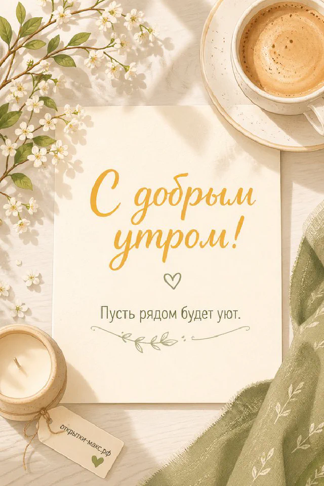 Открытка с надписью «С добрым утром» рядом с чашкой кофе на блюдце и веткой эвкалипта на светлом столе — вариант 2