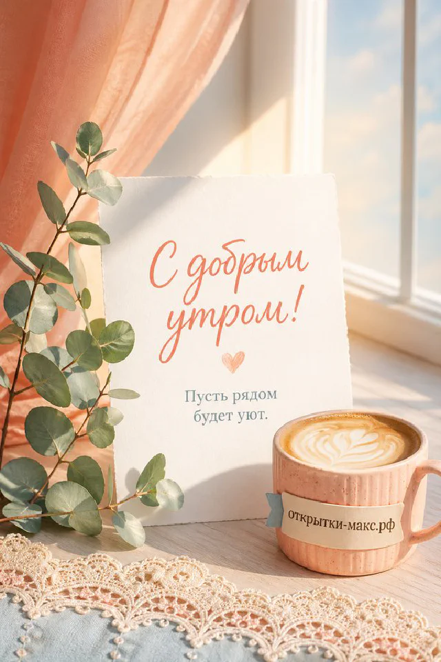 Открытка с надписью «С добрым утром» рядом с чашкой кофе на блюдце и веткой эвкалипта на светлом столе — вариант 3