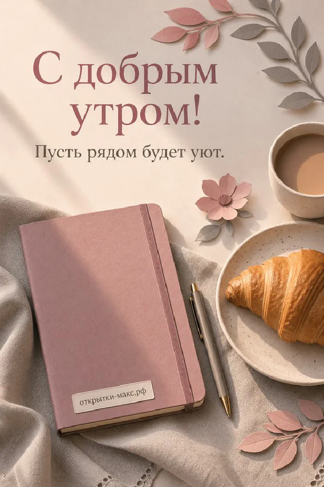 Открытка с надписью «С добрым утром» рядом с чашкой кофе на блюдце и веткой эвкалипта на светлом столе — вариант 4