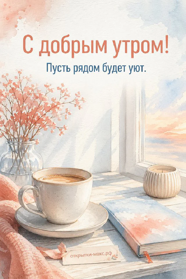 Открытка с надписью «С добрым утром» рядом с чашкой кофе на блюдце и веткой эвкалипта на светлом столе — вариант 5
