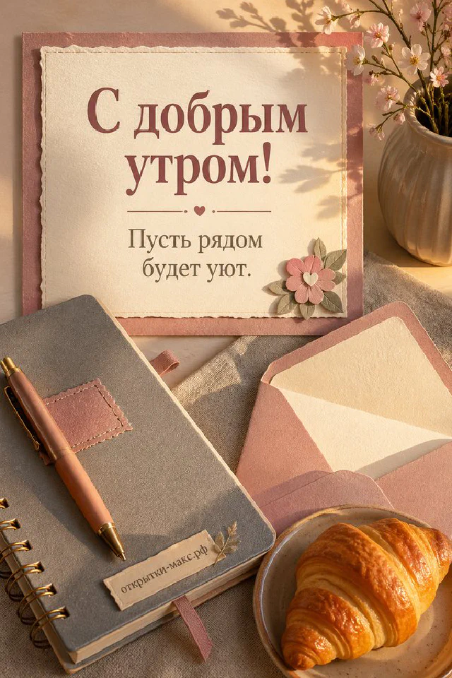 Открытка с надписью «С добрым утром» рядом с чашкой кофе на блюдце и веткой эвкалипта на светлом столе — вариант 7