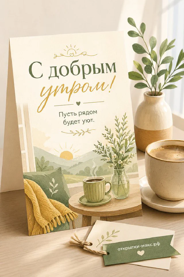 Открытка с надписью «С добрым утром» рядом с чашкой кофе на блюдце и веткой эвкалипта на светлом столе — вариант 8