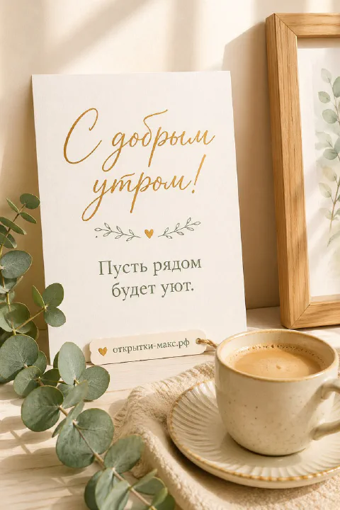Открытка с надписью «С добрым утром» рядом с чашкой кофе на блюдце и веткой эвкалипта на светлом столе