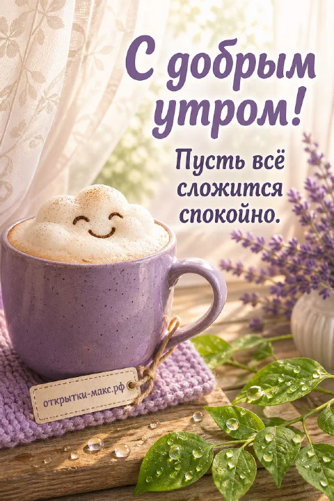 Сиреневая кружка с латте и улыбкой из молочной пены рядом с веточками лаванды — открытка с добрым утром
