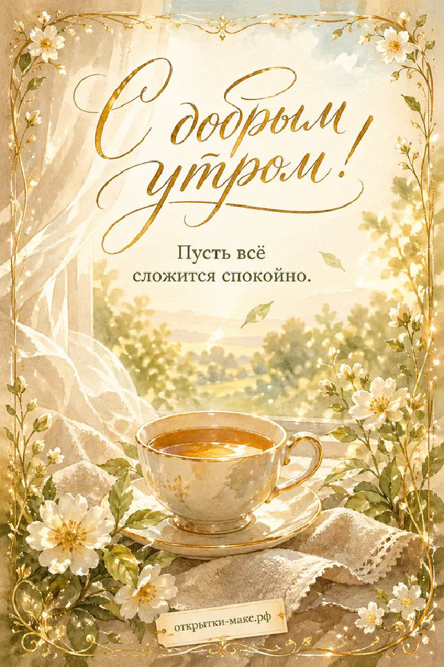Сиреневая кружка с латте и улыбкой из молочной пены рядом с веточками лаванды — открытка с добрым утром — вариант 2
