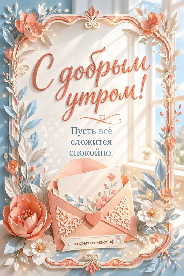 Сиреневая кружка с латте и улыбкой из молочной пены рядом с веточками лаванды — открытка с добрым утром — вариант 6