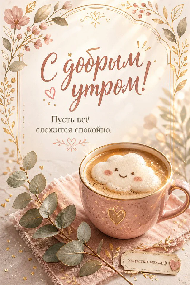 Сиреневая кружка с латте и улыбкой из молочной пены рядом с веточками лаванды — открытка с добрым утром — вариант 3