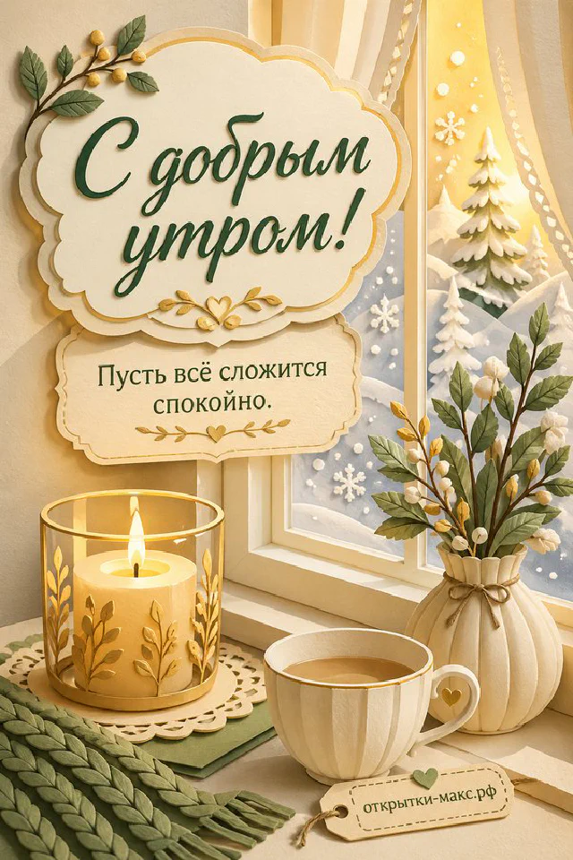 Сиреневая кружка с латте и улыбкой из молочной пены рядом с веточками лаванды — открытка с добрым утром — вариант 7