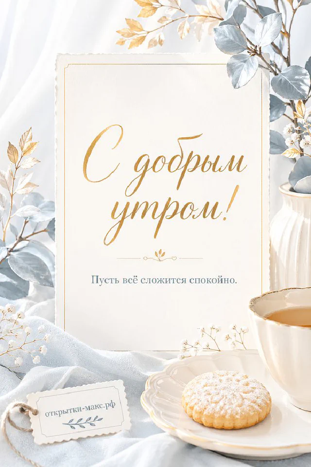 Сиреневая кружка с латте и улыбкой из молочной пены рядом с веточками лаванды — открытка с добрым утром — вариант 8