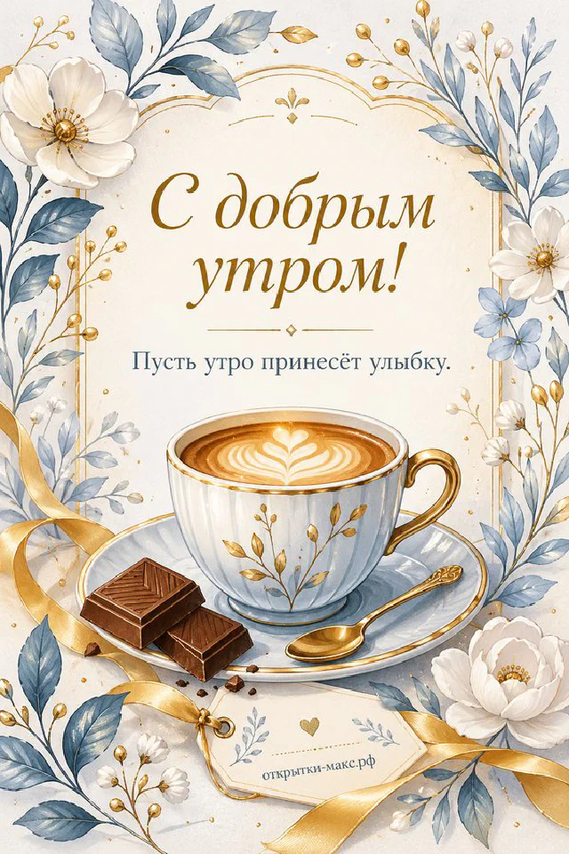 Чашка горячего кофе с дольками шоколада, букет и парижская улица за окном — открытка С добрым утром — вариант 2