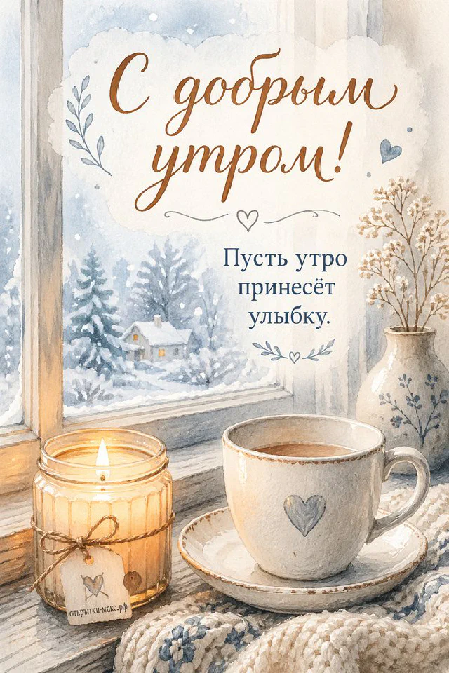 Чашка горячего кофе с дольками шоколада, букет и парижская улица за окном — открытка С добрым утром — вариант 3