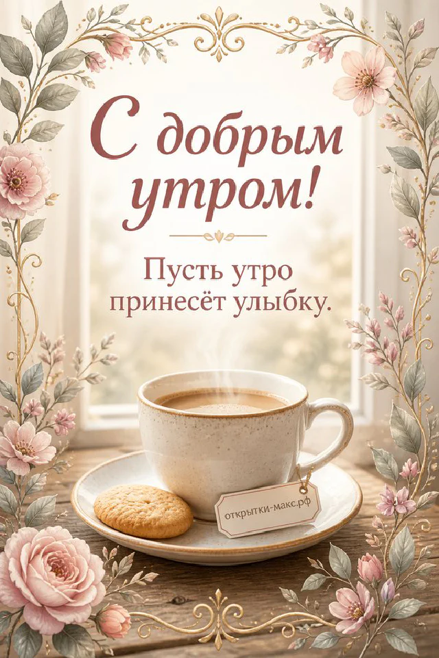 Чашка горячего кофе с дольками шоколада, букет и парижская улица за окном — открытка С добрым утром — вариант 5