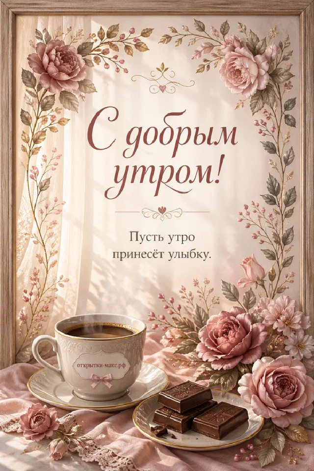 Чашка горячего кофе с дольками шоколада, букет и парижская улица за окном — открытка С добрым утром — вариант 6