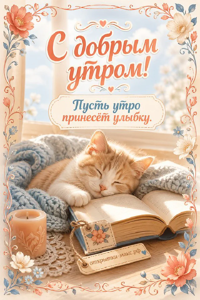 Чашка горячего кофе с дольками шоколада, букет и парижская улица за окном — открытка С добрым утром — вариант 7