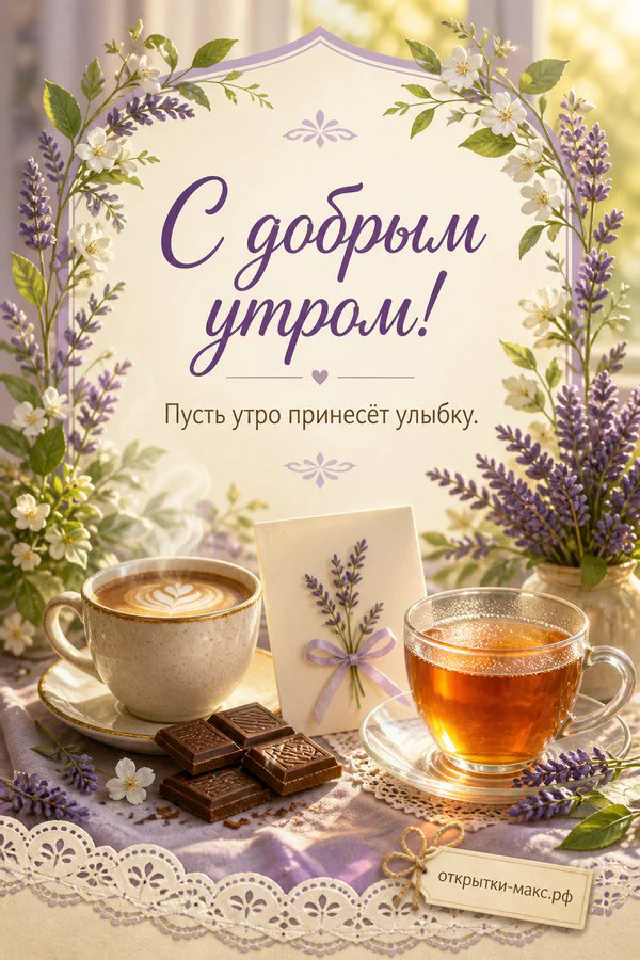 Чашка горячего кофе с дольками шоколада, букет и парижская улица за окном — открытка С добрым утром — вариант 4