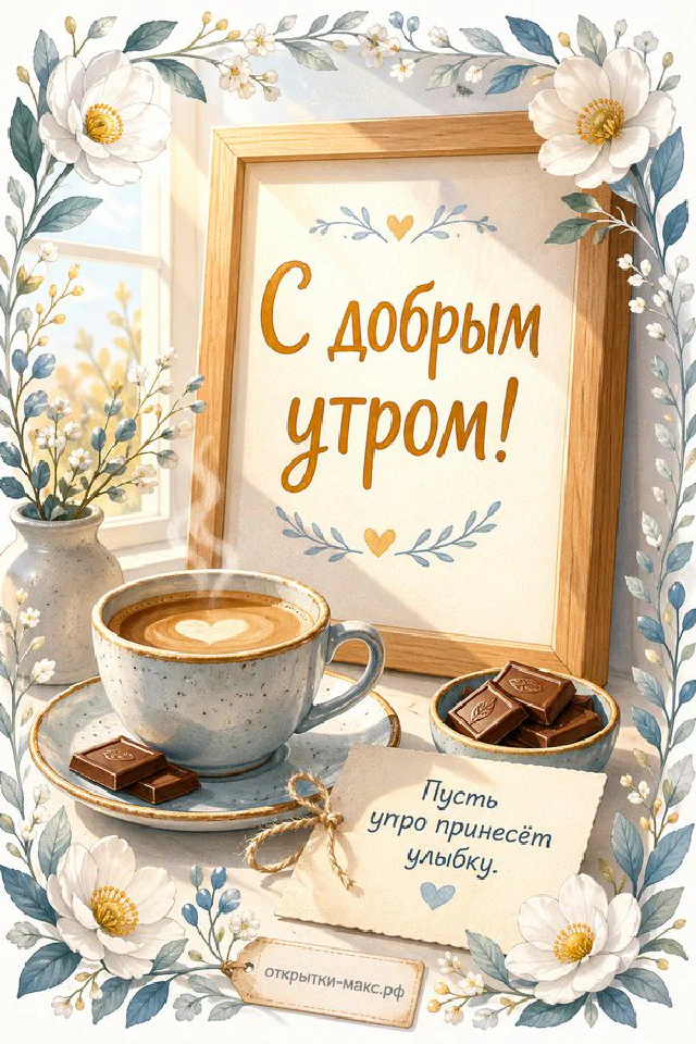 Чашка горячего кофе с дольками шоколада, букет и парижская улица за окном — открытка С добрым утром — вариант 8