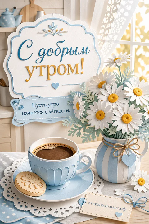 Чашка кофе и ваза с цветами на светлом столе, надпись «С добрым утром», акварель