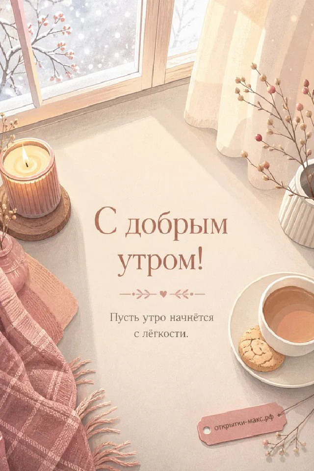 Чашка кофе и ваза с цветами на светлом столе, надпись «С добрым утром», акварель — вариант 2